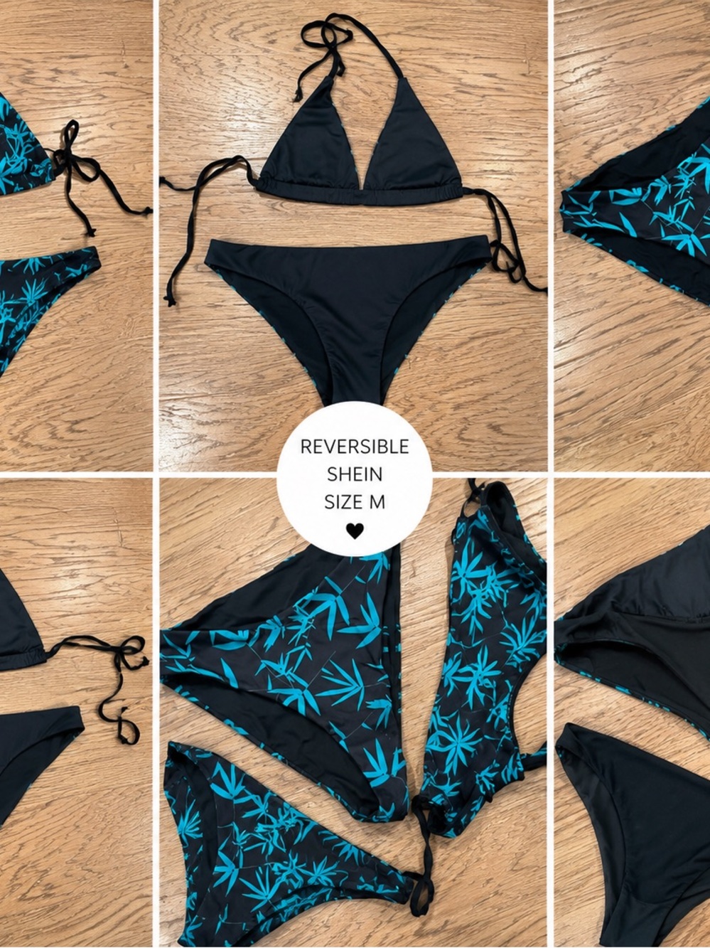 SHEIN Black & Teal Reversible Triangle Bikini Set